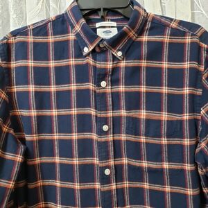 Old Navy Men's Navy and Orange Plaid Shirt
